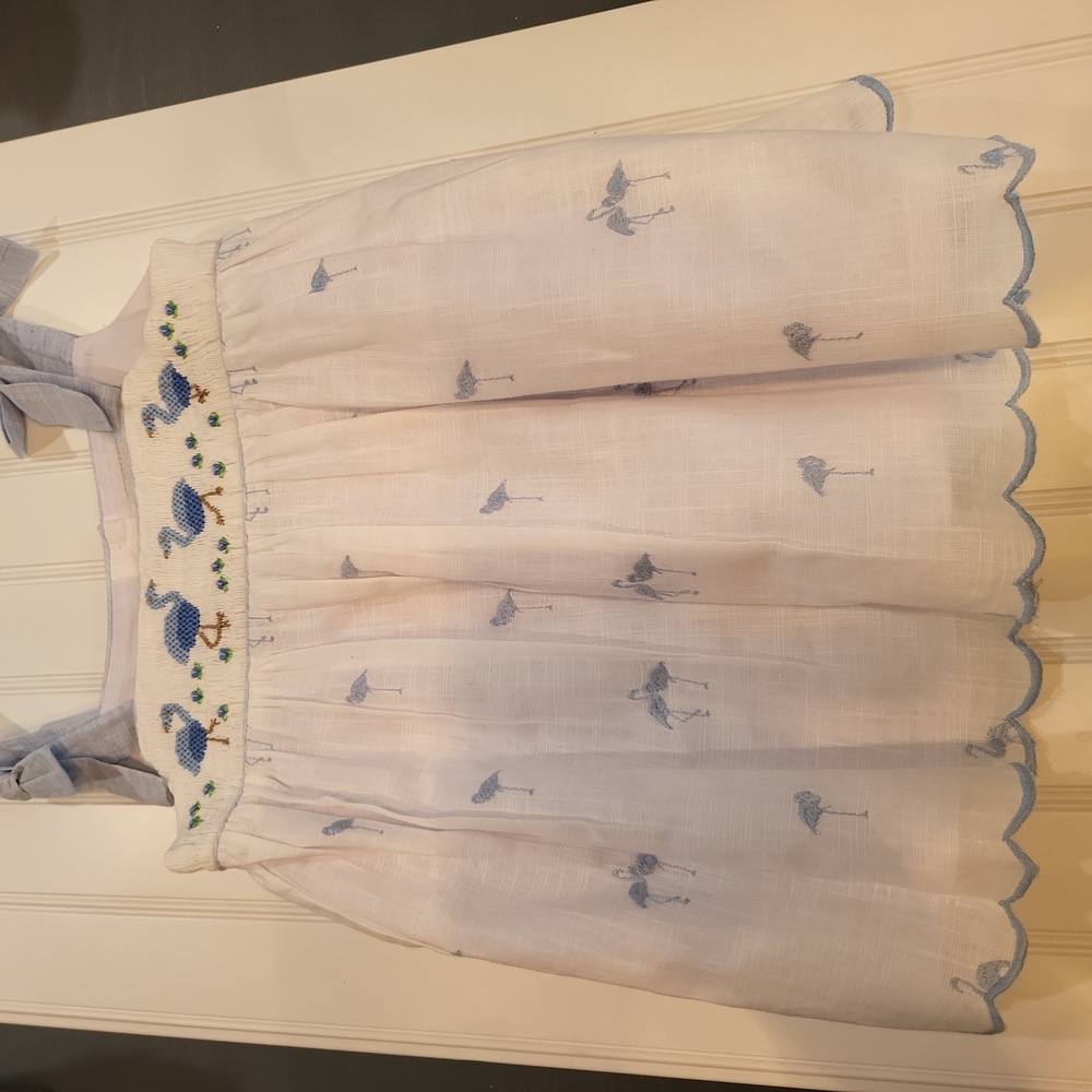 NWT Cute Couture Blue Flamingo Lined Bow Tie Shoulder Dress, 12 Months